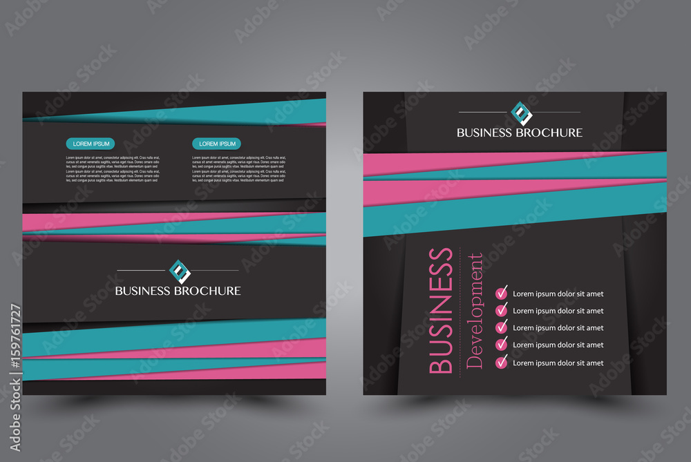 Square flyer template. Brochure design. Annual report poster. Leaflet cover. For business and education. Vector illustration. Black, pink, and blue color.