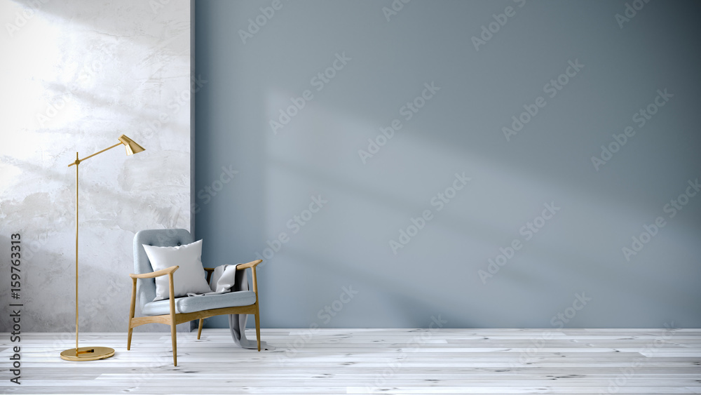 loft and vintage interior of living room, Blue armchairs on white flooring and blue wall  ,3d rendering - obrazy, fototapety, plakaty 