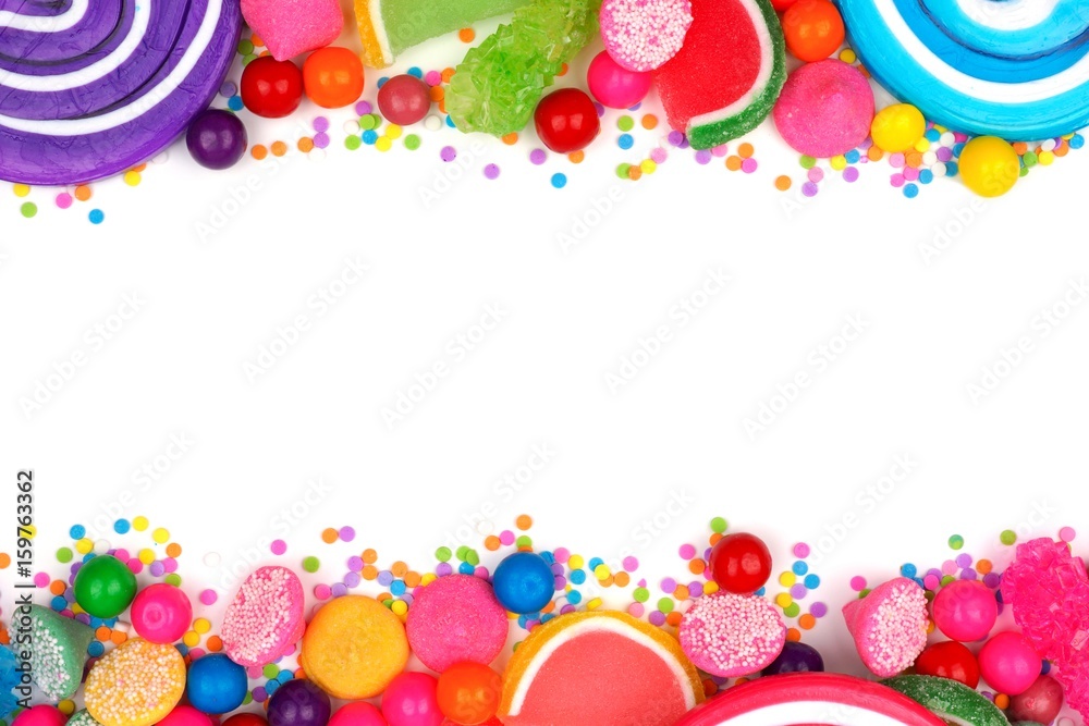 Double border of an assortment of colorful candies against a white