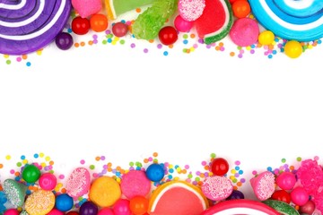 Double border of an assortment of colorful candies against a white background