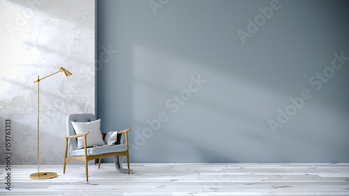 loft and vintage interior of living room, Blue armchairs on white flooring and blue wall  ,3d rendering photo