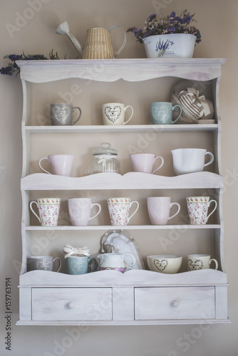 Obraz na płótnie Vintage shelf in the kitchen, shabby chic style with lavender