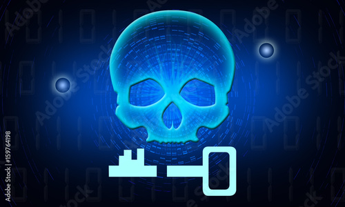 Binary Code Skull with a Key. Hacker attack, ransomware, cyber attack, virus alert illustration.