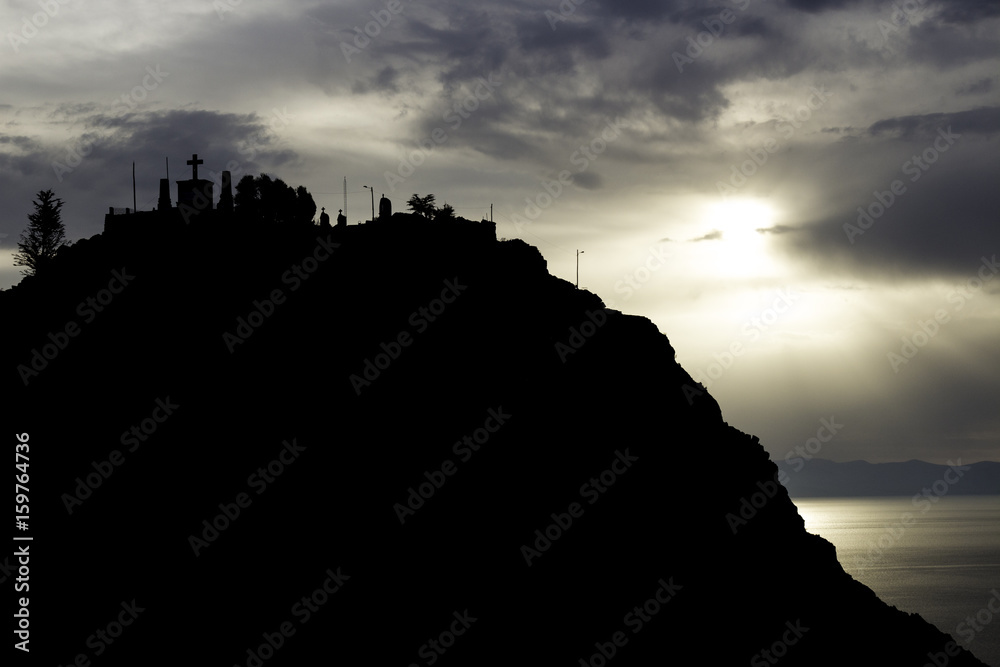 Calvario mountain silhouette in Copacabana (Bolivia)