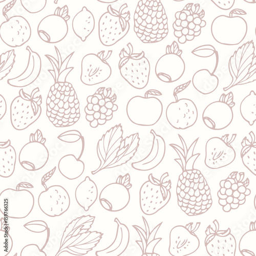 Fototapeta Naklejka Na Ścianę i Meble -  Hand drawn cartoon fruits seamless pattern. Fruit, multifruit and berry flavors. Outline food background
