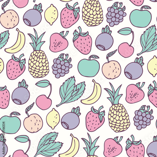 Hand drawn cartoon fruits seamless pattern. Fruit, multifruit and berry flavors