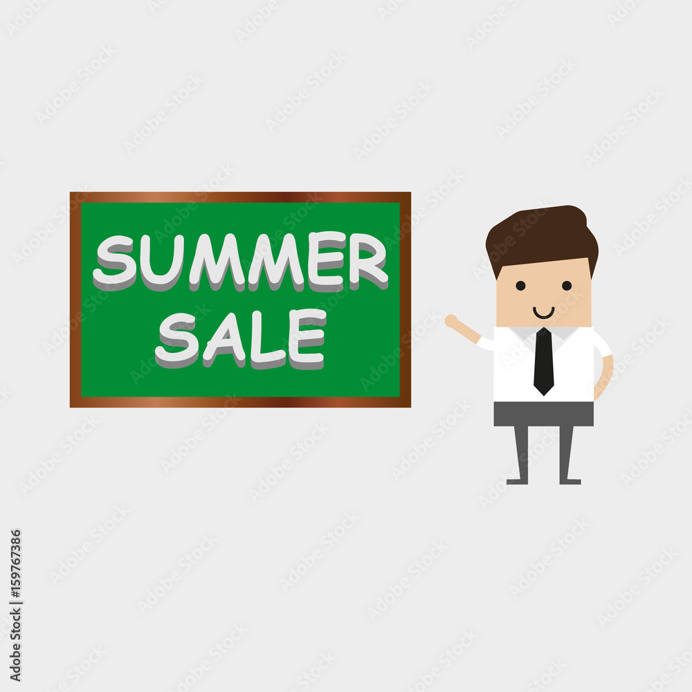 The businessman at the board. Summer sale on the board The businessman at the board. Summer sale on the board