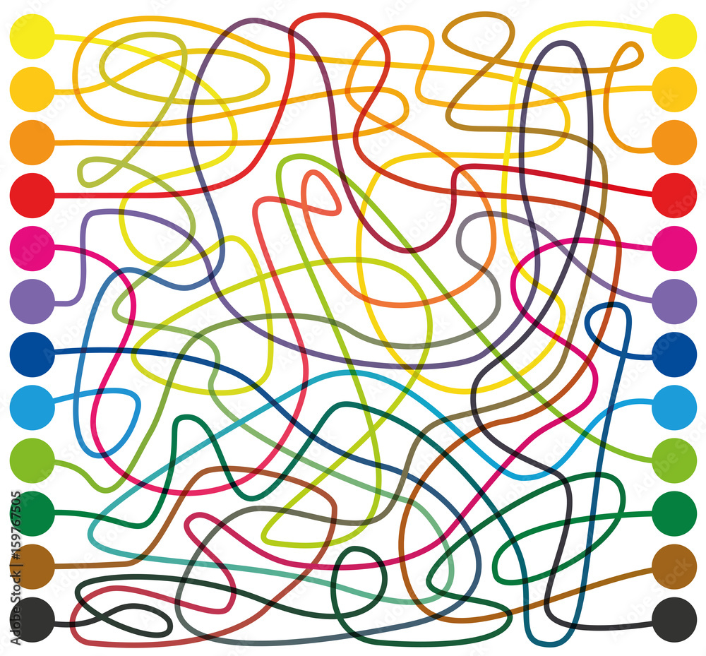 Labyrinth, colored lines - connect the colored dots, find the right way through the tangled colorful maze from one end to the other. But take note, the colors of the lines are changing.