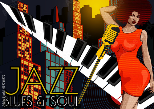 Vintage poster with retro woman. Red dress on woman. Retro microphone. Piano keys. Jazz, soul and blues live music concert poster.