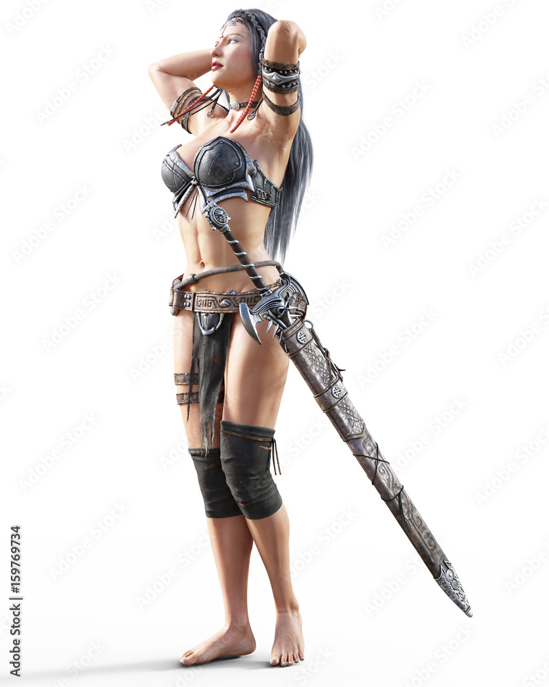 Warrior amazon woman with sword. Long dark hair. Muscular athletic body. Girl standing candid provocative aggressive pose. Photorealistic 3D rendering isolate illustration. Hi key. Warrior amazon woman with sword. Long dark hair. Muscular athletic body. Girl standing candid provocative aggressive pose. Photorealistic 3D rendering isolate illustration. Hi key.