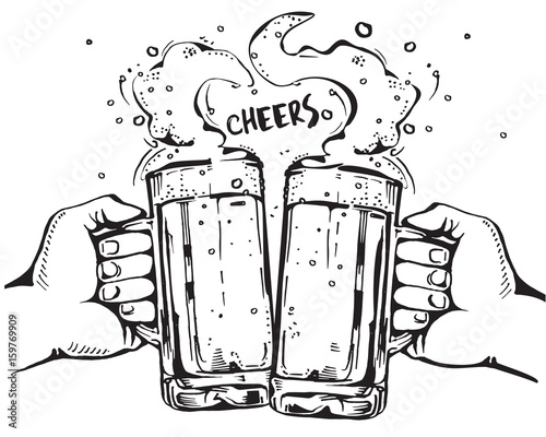 Vector image of two hands holding beer mugs. Drinks with a lot of foam forming a heart shape. Cheers.