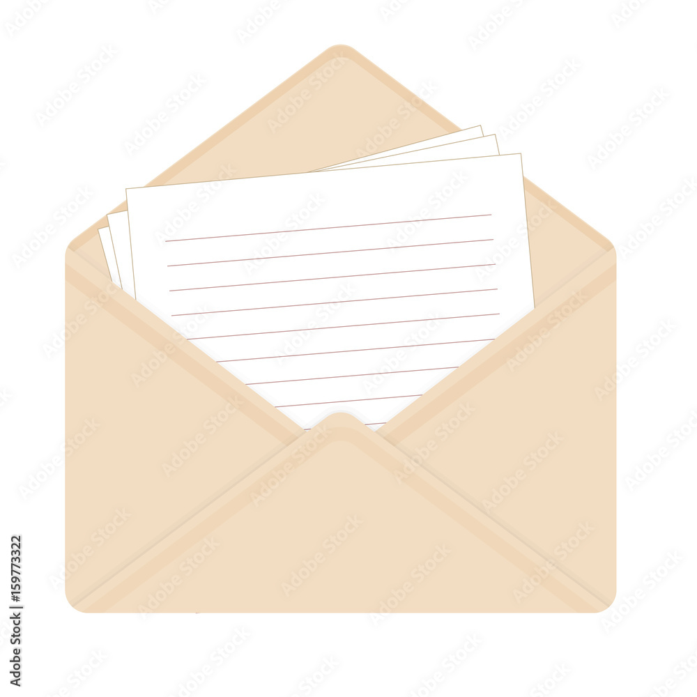 Letter in open beige envelope. Flat icon. The envelope with clean sheets of paper. Notepad lined pages. Vector illustration. Isolated on light background. Square location. Letter in open beige envelope. Flat icon. The envelope with clean sheets of paper. Notepad lined pages. Vector illustration. Isolated on light background. Square location.
