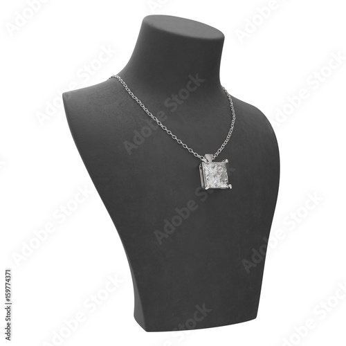 3D illustration silver necklace with diamonds on a black mannequin