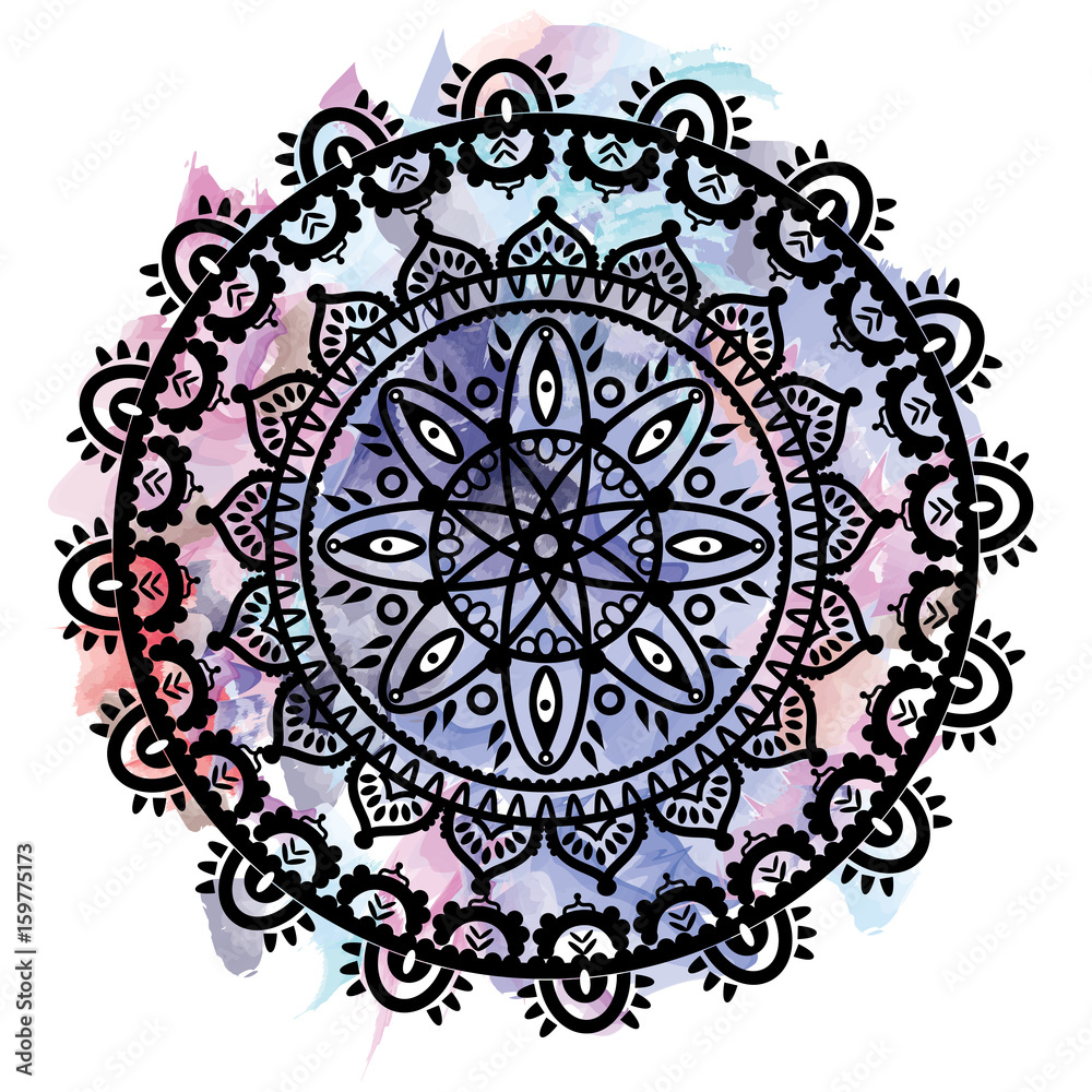 Mandala in the shape of the native culture inspired dreamcatcher made out of swirly elements in black and white symbolizing happiness, love and spiritual life style 2 on watercolor background 