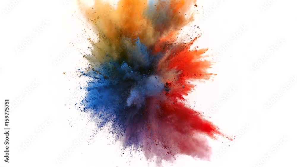 Colorful powder/particles fly after being exploded against white background. Shot with high speed camera, phantom flex 4K. Slow Motion. 