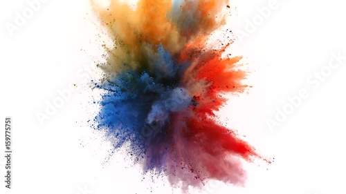 Colorful powder/particles fly after being exploded against white background. Shot with high speed camera, phantom flex 4K. Slow Motion.  photo