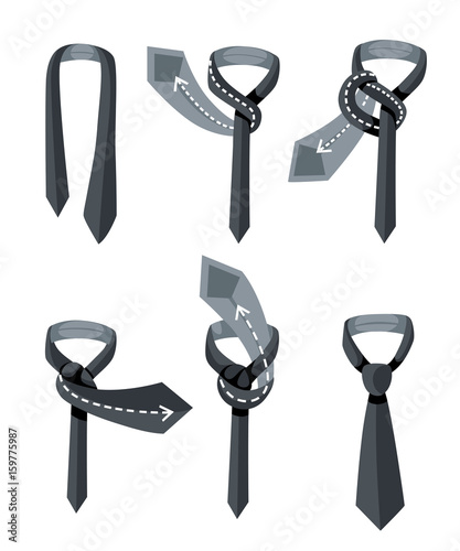 How to tie a tie on the turquoise background of the steps. Vector Illustration. Instructions.