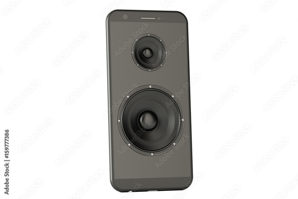 Music concept, smartphone with loudspeakers. 3D rendering Music concept, smartphone with loudspeakers. 3D rendering
