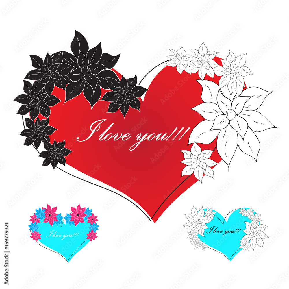 Vector image 3 hearts with flowers