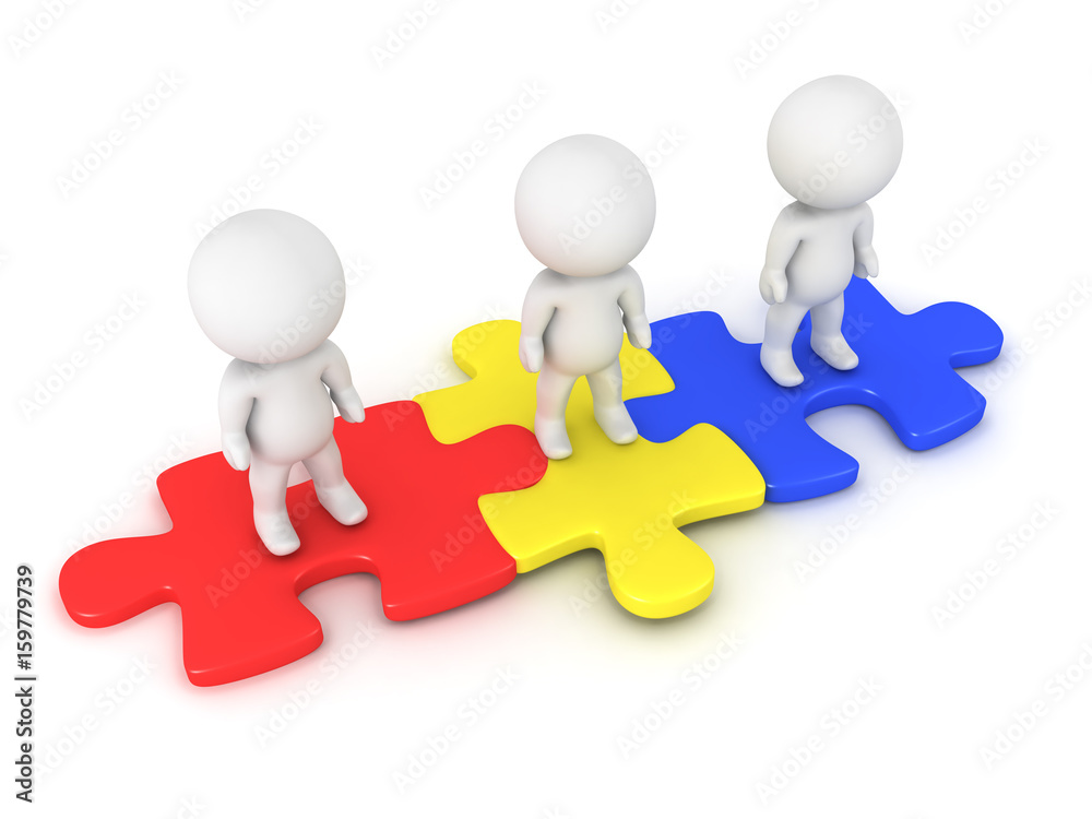 3D Characters sitting on red yellow and blue puzzle pieces 3D Characters sitting on red yellow and blue puzzle pieces
