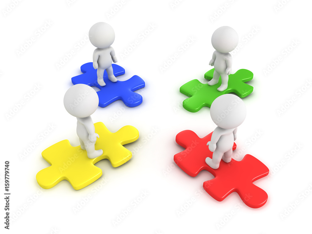 3D Characters standing on different colored puzzle pieces 3D Characters standing on different colored puzzle pieces