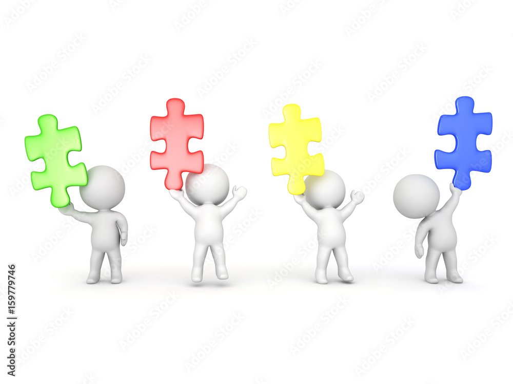 3D Illustration of cheerful characters holding up colored puzzle pieces 3D Illustration of cheerful characters holding up colored puzzle pieces