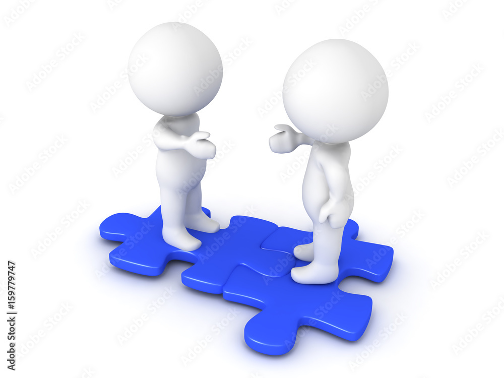Two 3D Characters extending hands and sitting on interlocking blue puzzle pieces Two 3D Characters extending hands and sitting on interlocking blue puzzle pieces