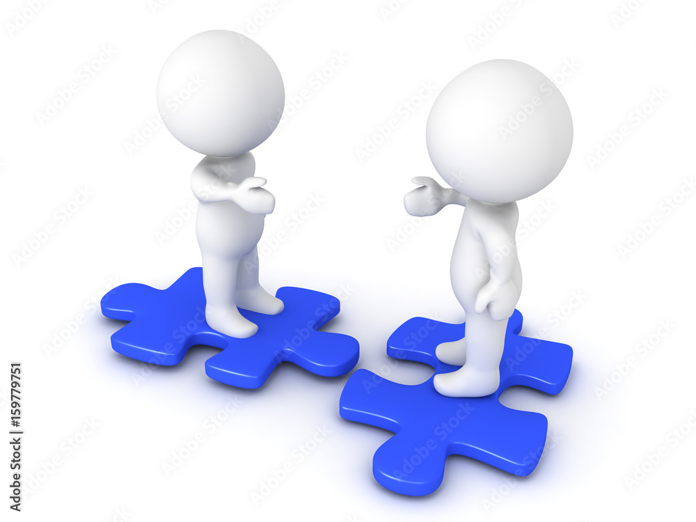 Two 3D Characters extending hands and sitting on blue puzzle pieces Two 3D Characters extending hands and sitting on blue puzzle pieces