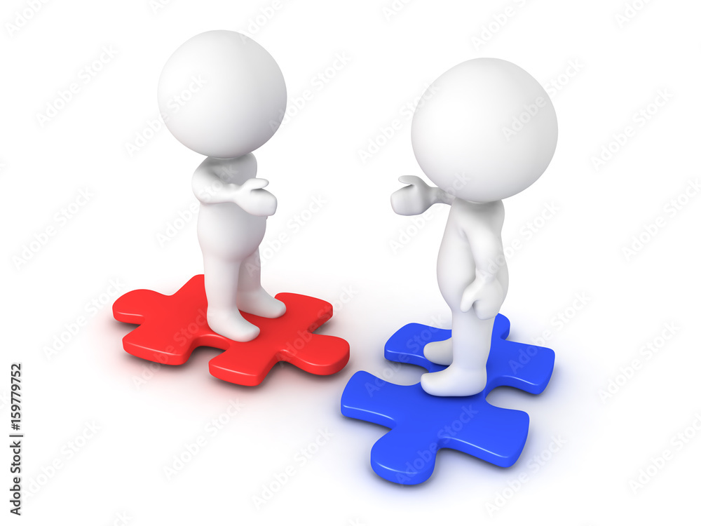 Two 3D Characters extending hands and sitting on compatible puzzle pieces Two 3D Characters extending hands and sitting on compatible puzzle pieces