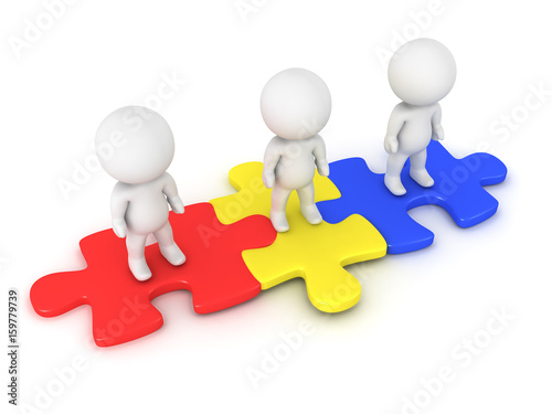 3D Characters sitting on red yellow and blue puzzle pieces
