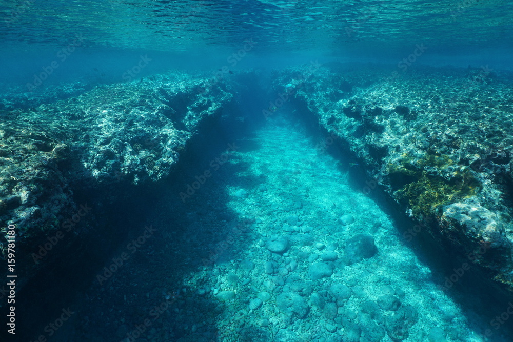 Rocky underwater seascape, trench in the outer reef eroded by the waves, Pacific ocean , Huahine, French Polynesia, Oceania