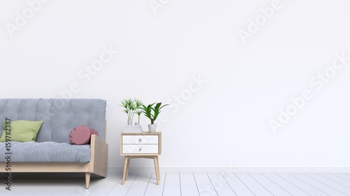 Interior with sofa, plants and cabinet on empty white wall background. 3D rendering