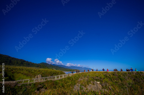 Beautiful attraction of limestone formations at Pancake Rocks, Punakaiki, West Coast, South Island, New Zealand photo