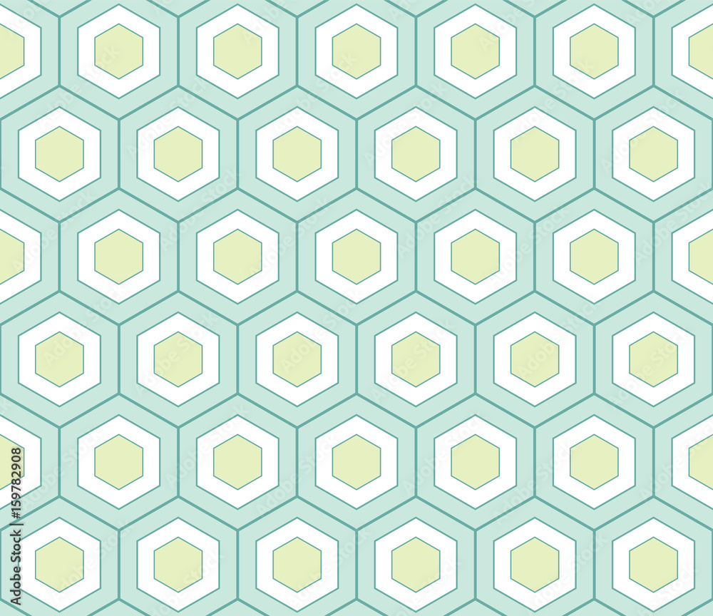 Abstract Geometric Seamless Pattern with Honeycomb Ornament in Turquoise and Lime Green Color. Abstract Geometric Seamless Pattern with Honeycomb Ornament in Turquoise and Lime Green Color.