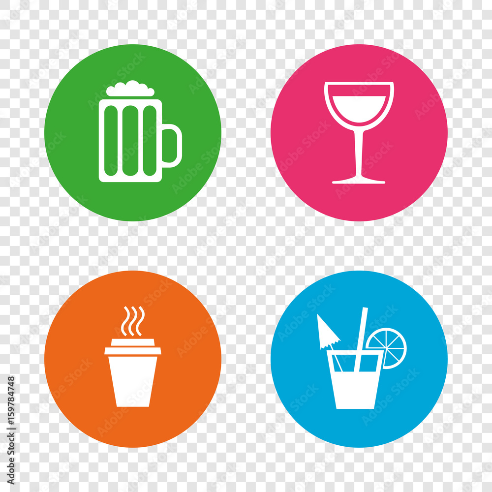 Drinks signs. Coffee cup, glass of beer icons. Drinks signs. Coffee cup, glass of beer icons.