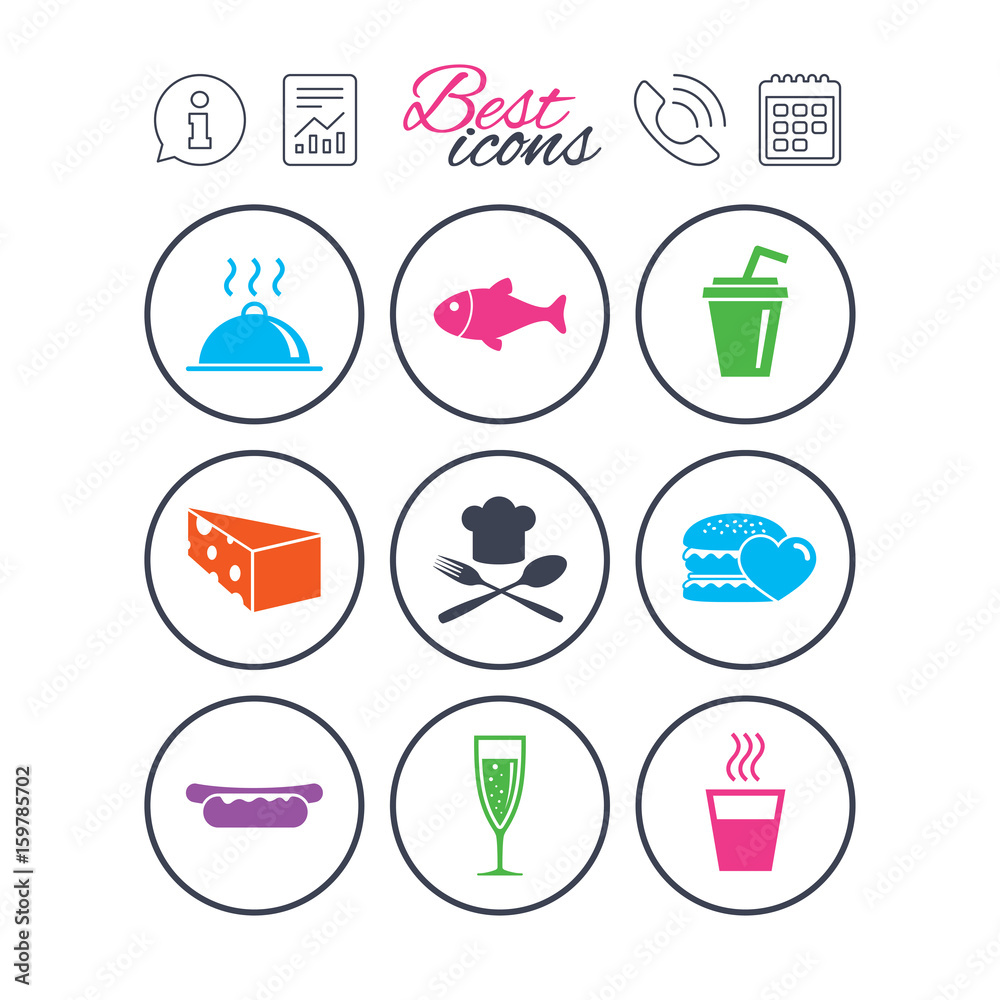 Food, drink icons. Alcohol, fish and burger.