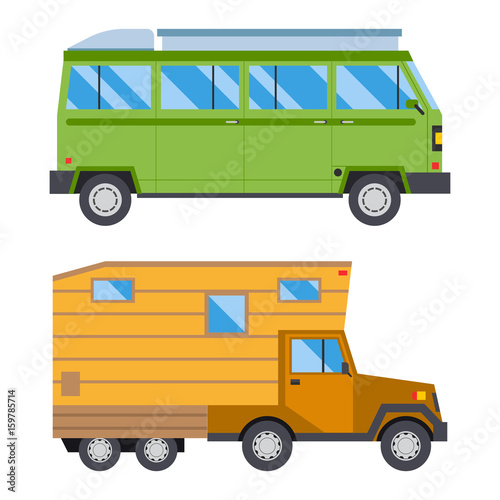 Campers vacation travel car summer nature holiday trailer house vector illustration flat transport