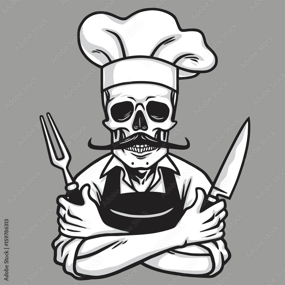 Naklejka premium Dead Skull Chef Grinning with Fork, Knive, and Hat. Vector Drawing