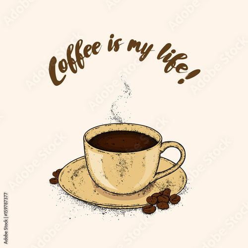 Beautiful cup and saucer. Coffee in a cup and coffee beans. Vector illustration.
