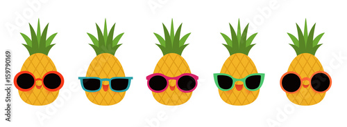 Group of five pineapples wearing different styles of sunglasses.