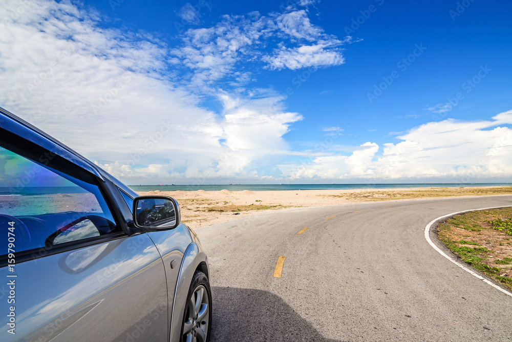 Road trip car on the beach, Summer holiday and car travel concept. .