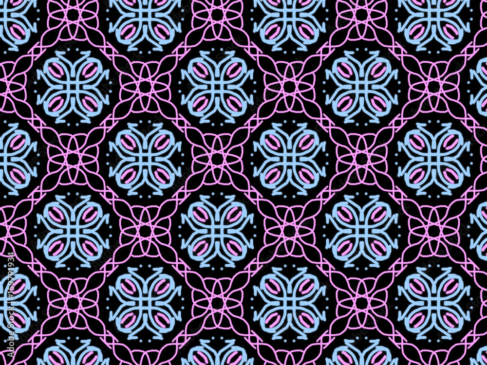 A hand drawing pattern made of blue and pink on a black background. A hand drawing pattern made of blue and pink on a black background.