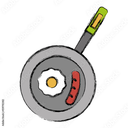 pan with egg and sausage icon over white background vector illustration