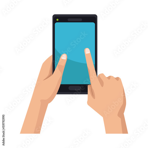 hand holding black smartphone touching blue screen vector illustration