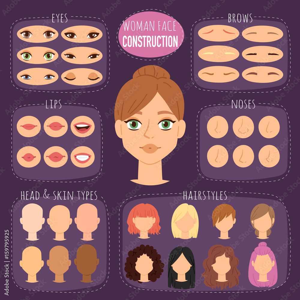 Naklejka premium Woman character constructor cartoon woman face parts creation spare parts spares head animation body part vector illustration
