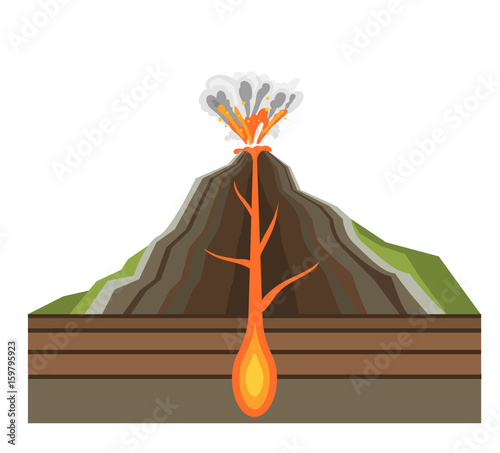 Volcano magma nature blowing up with smoke volcanic eruption lava mountain vector illustration