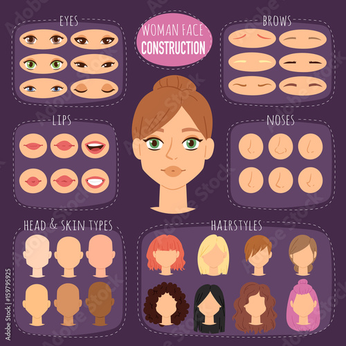 Woman character constructor cartoon woman face parts creation spare parts spares head animation body part vector illustration