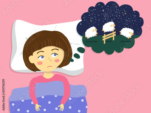 Little cute girl try to sleeping in the bed with imagine about counting sheep jump