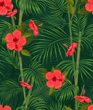 Seamless hand drawn tropical pattern with palm leaves, jungle exotic flower on dark background