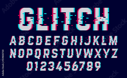 Trendy style distorted glitch typeface. Letters and numbers